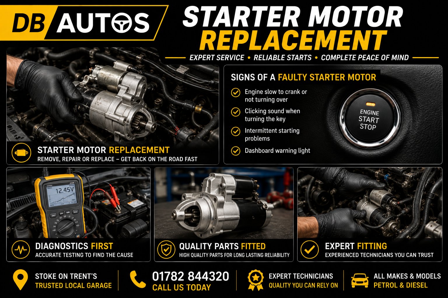 DB Autos Starter Motor Replacement — starter diagnostics, clicking, slow cranking and starting-system repairs, Stoke-on-Trent
